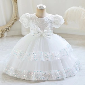 Robe de bal en tulle haut de gamme personnalisable, col rond, manches lanternes, nœuds superposés, robe de <span class=keywords><strong>princesse</strong></span> à paillettes - Product Image 2