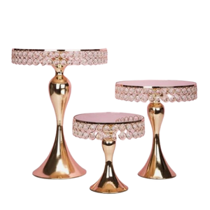 Juego de tres soportes de pastel de Metal dorado rosa, plato de pastel de Metal con cuentas de cristal, soporte decorativo para pastel, centros de mesa de boda de lujo - Product Image 1