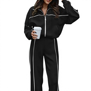 Women Black Full Sleeve Tracksuit With White Stripe Loose Fit Casual Zipper Front Sweatshirt And <b>Pants</b> Set - Product Image 1