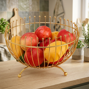 Golden Wire Fruit <b>Basket</b> Round <b>Metal</b> Storage Container Durable Kitchen Decor Modern Style - Product Image 2