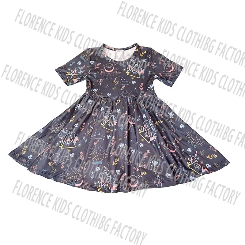 DH OEM Hot Sale Short Sleeve Bamboo Print Short Sleeve Toddler Children Twril Dress Kid Girl Dress
