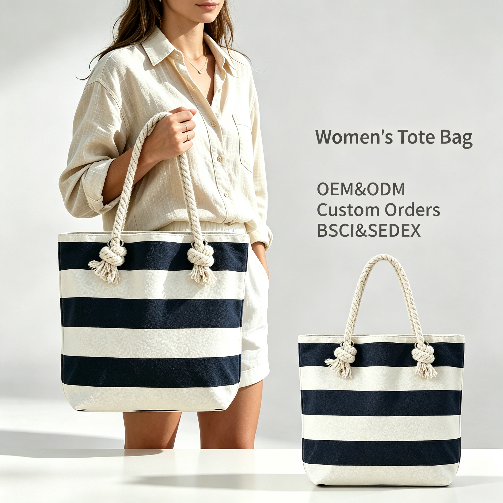 Canvas Striped Beach Shopping Bag for Ladies