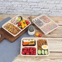 Boîte à lunch jetable biodégradable en bagasse de canne à sucre, personnalisable, à emporter, avec 3 compartiments et couvercle