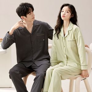 Rắn phù hợp với cotton Modal đồ ngủ cho phụ nữ người đàn ông dài tay áo nút xuống Ngủ thời trang giản dị quần áo ngủ 2 mảnh loungewear - Product Image 2