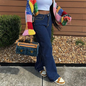 中国厂家直销加大码高腰黑色直弹力宽腿全长牛仔休闲女士裤 - Product Image 2