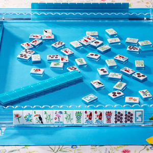 Juego de Fichas de Mahjong Americanas Modernas y Portátiles de Acrílico de 3 Capas, Estilo Tropical Azul, con Diseño Floral de Pájaros y Tabla de Surf - Product Image 2