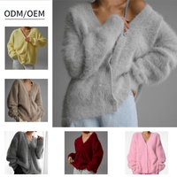 Kardigan Wanita Berbulu Lembut V-Neck Oversize Lengan Panjang Rajutan Berbulu Kancing Depan Model Sweater Coat