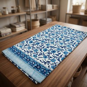 Mantel Cuadrado de Algodón Estampado Floral de Lujo Hecho a Mano de Primera Calidad, Diseño Clásico Azul y Blanco, Lavable, Ecológico, para Uso Doméstico - Product Image 1