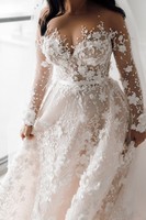 AL1763 Robe de bal de mariée motif de broderie appliques grande taille élégante fleurs royales dentelle blanche robes de mariée à manches longues