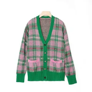 Cárdigan holgado de lana para mujer, suéter de manga larga con cuello en V y colores contrastantes, rosa y verde, de alta calidad