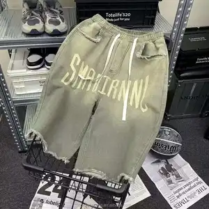 Shorts Cargo Jean para homens com estampa personalizada logotipo Streetwear Hip Hop angustiado