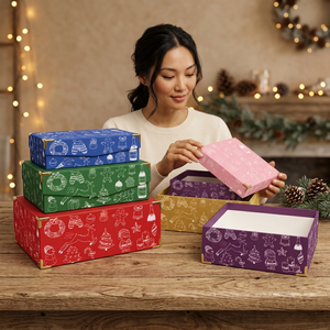 Christmas Storage Boxes Set With Holiday Patterns In Red <b>Green</b> Blue Pink Purple Colors For Gift Wrapping And Decorations - Product Image 2