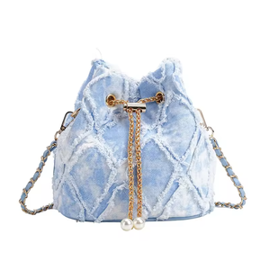 Nouveau sac seau en jean à carreaux diamantés tendance pour femme, sac bandoulière grande capacité à la mode pour femme - Product Image 5