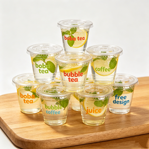 Gobelet en plastique transparent jetable en PP sans BPA de 9 oz et 7 oz en forme de U avec impression de logo personnalisé et couvercle pour thé à bulles Boba - Product Image 1