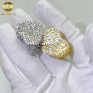 High quality iced out hip hop baguette heart rings 925 silver gold men moissanite diamond ring