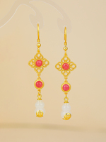 Boucles d'oreilles en argent sterling 925 plaqué or avec pierre précieuse rouge et jade Hetian en forme de gourde, bijoux pour femmes en gros