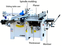 Machine combinée pour le travail du bois : scie, dégauchisseuse, scie à panier et scie à rainurer pour le bois