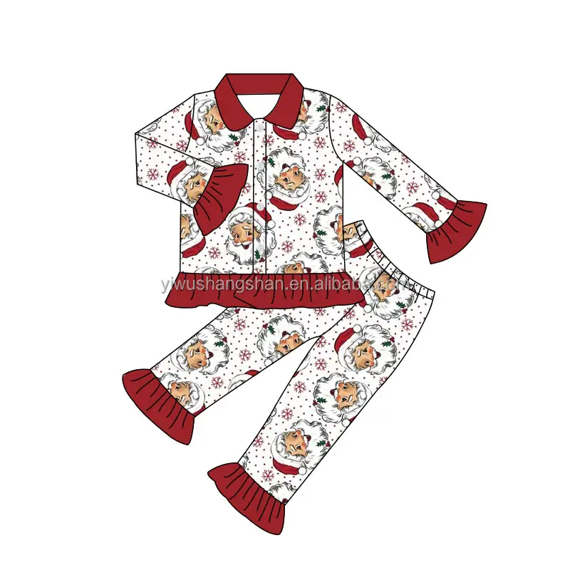 Butik bebek kız sonbahar kışlık pijama Set noel Santa baskı çocuk fırfır pijama düğmesi ile