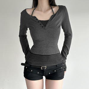 Camiseta de Manga Larga de Dos Piezas para Mujer, Estilo Y2K, con Rayas en Contraste, Ajustada, Corta, Retro, Informal, Chic - Product Image 2