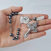 Hématite Décennie Chapelet Homard Griffe Pierre Naturelle Perles St.Michael Médaille Crucifix Argent Catholique Bracelet Auto Chapelets