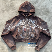 Veste Streetwear OEM personnalisée, grande taille, en tissu épais, délavée à l'acide, effet usé, décolorée par le soleil, avec strass, motif Vierge Marie