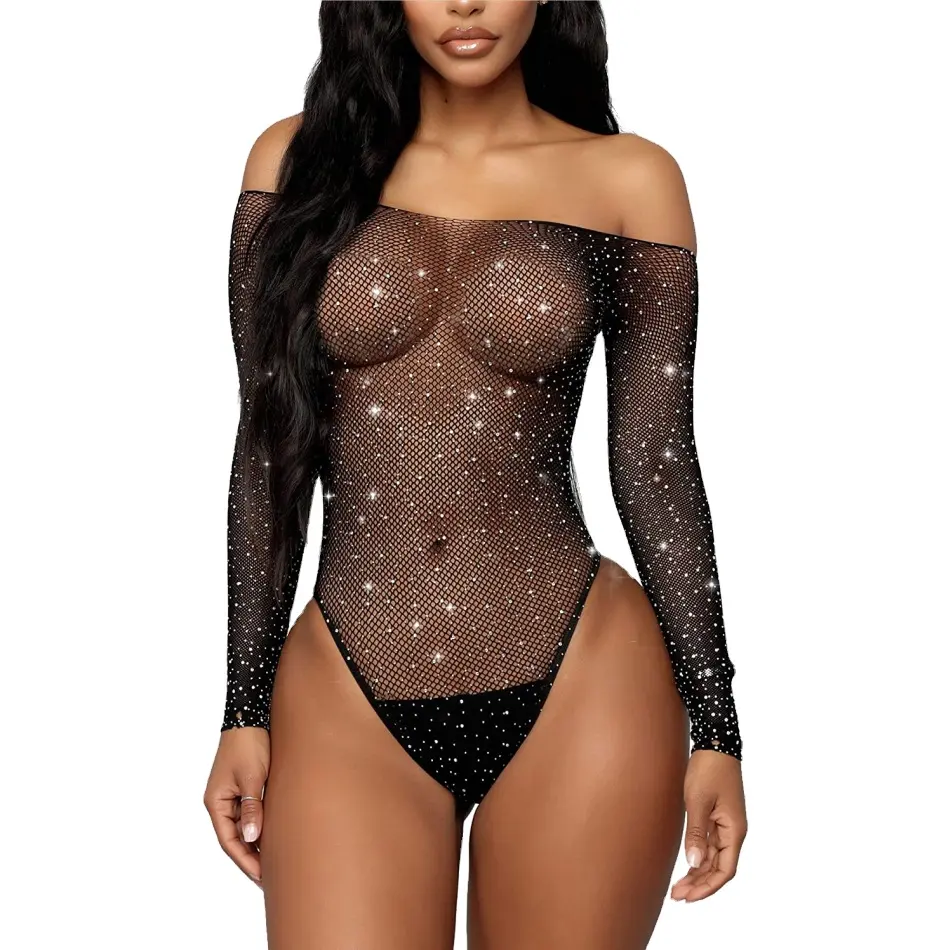 Đồ Lót Màu Đen Sáng Bóng Quyến Rũ Nóng Trong Suốt Câu Lạc Bộ Ăn Mặc Fishnet Teddy Nighty Rhinestone Đồ Lót Dài Tay Xem Qua Đồ Lót