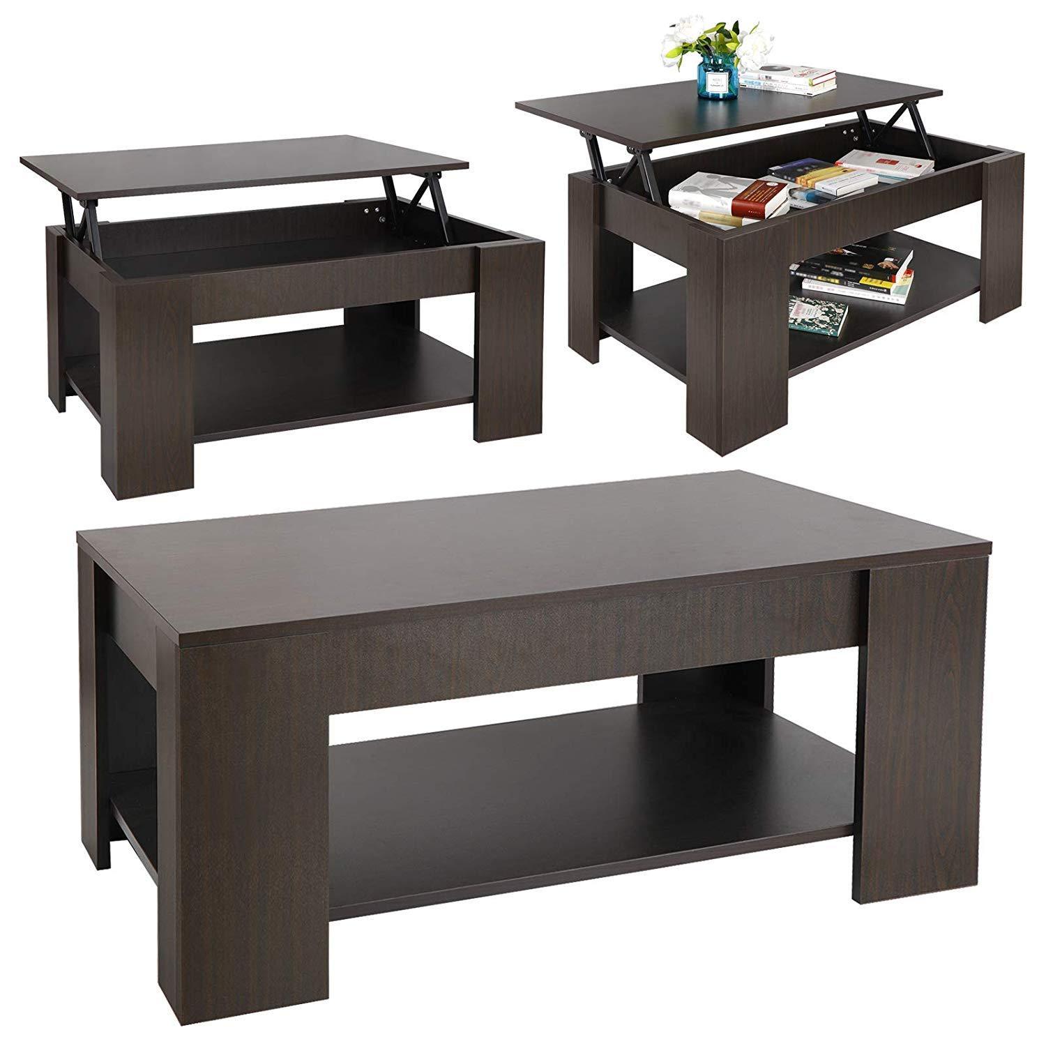 Bois Relevable Table Basse Avec Rangement Caché et Étagère