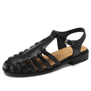 Sandali <span class=keywords><strong>Estivi</strong></span> da Donna con Tacco Basso 3cm, Intrecciati e Traforati, <span class=keywords><strong>Neri</strong></span>, Comodi Stile Romano per Spiaggia - Product Image 6