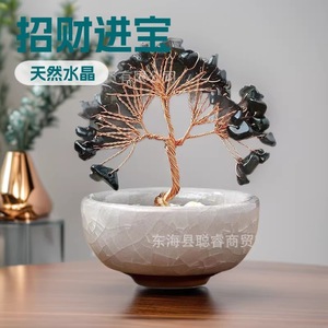Arbre à monnaie en cristal fait main dans un bol en céramique craquelée pour la décoration de la maison, du bureau ou comme cadeau - Product Image 4