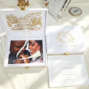 Invitations de mariage personnalisées en velours, boîte de luxe avec sceau doré et <span class=keywords><strong>dessin</strong></span> de l'endroit du mariage, boîte d'invitation de mariage avec insert pour cadre photo - Product Image 1