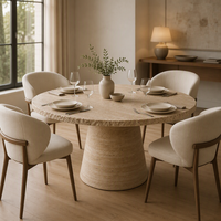 Table à manger ronde en travertin beige, base en pierre massif conique, table en travertin naturel de luxe pour la salle à manger d'une maison moderne ou d'une villa