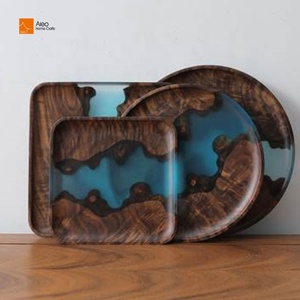 Bandeja de Servicio de Madera de Olivo Maciza con Resina Azul, Antideslizante, Cuadrada o Redonda, Personalizada para Cocina, Hogar o Restaurante, para Té, Café o Aperitivos - Product Image 2