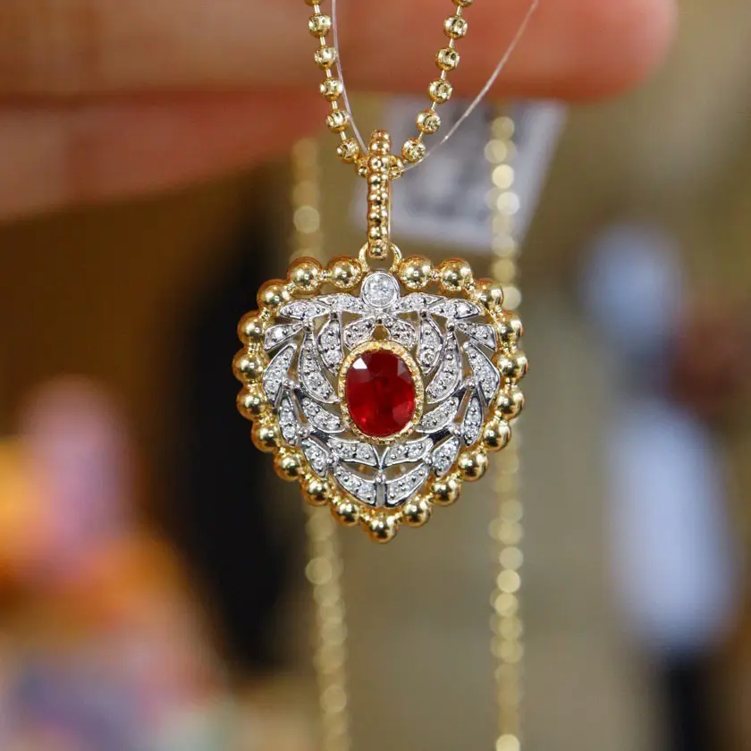 Chain Necklace 18K 14K 9K Gold Natural Diamond Laboratory Grown Ruby Retro Style Women's Gemstone