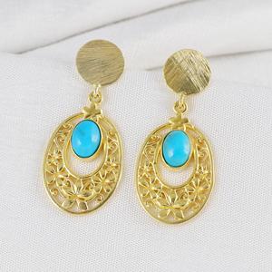 Vintage Gold Plated Brass <b>Turquoise</b> Floral Filigree <b>Earrings</b>, Drop <b>Earrings</b> Party Wear Jewelry - Product Image 2