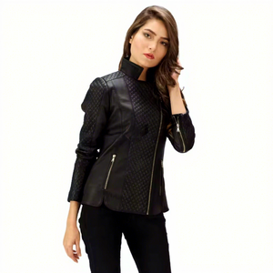 Chaqueta de cuero genuino negro para mujer, estilo motero, con cuello alto, acolchado de diamantes, abrigo de piel de oveja, bolsillos con cremallera, corte ajustado, prendas de vestir personalizadas - Product Image 1