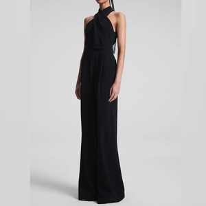 Combinaison à jambes larges à col halter croisé noire pour femmes Personnalisable Élégante Combinaison <span class=keywords><strong>de</strong></span> soirée formelle - Product Image 3