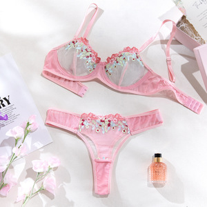 Nuevo Conjunto <span class=keywords><strong>de</strong></span> Lencería <span class=keywords><strong>de</strong></span> Dos Piezas con Bordado Floral y Malla Transparente, Conjunto <span class=keywords><strong>de</strong></span> Sujetador Sexy y Delgado para Chicas - Product Image 6