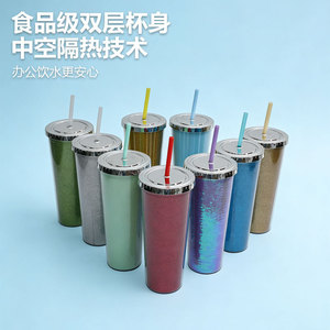 Shang Kou Ai Glitter Straw Cup 24oz Double Wall Plastic Reusable Drinkware For Party Home Office Use - Product Image 4