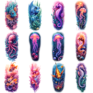 Tatouages temporaires de créatures marines premium, autocollants de tatouage de poissons tropicaux et de hippocampes vibrants pour l'été et la plage - Product Image 1