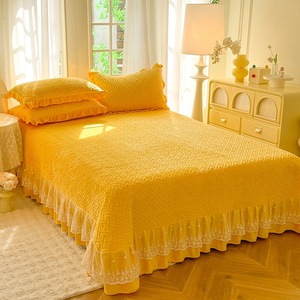 Winter Warm Thickened Quilted Milk Fleece Bed Skirt, <strong>Double</strong> Layer Lace Trim Solid Color 3-Piece <strong>Bedspread</strong> for Queen Bed - Product Image 1