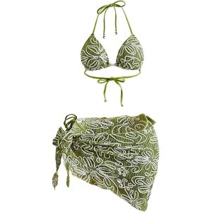 FOXA Women's 3 Piece Textured Floral <b>Bikini</b> <b>Set</b> With Cover Up Skirt Halter Triangle <b>String</b> Thong Swimwear - Product Image 1