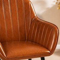 Tabouret de bar moderne en similicuir cognac de luxe à dossier haut côtelé avec pieds en métal noir pour îlot de cuisine