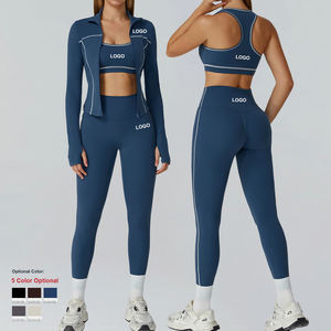 <span class=keywords><strong>Ensemble</strong></span> De Yoga 3 Pièces Pour <span class=keywords><strong>Femme</strong></span> De Couleur Contrastée Comprenant Veste De Yoga Zippée, Brassière De Course Et Leggings De Sport Et Fitness - Product Image 2