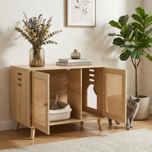 Modern Wooden Rattan Cat <strong>Litter</strong> <strong>Box</strong> Enclosure Cabinet | Hidden Cat Washroom <strong>Furniture</strong> for Living Room - Product Image 2