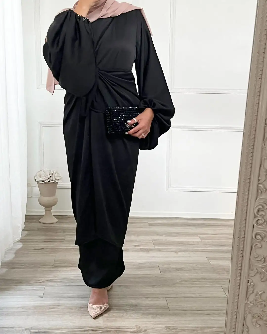 Fashion Luxurious Women Plain Kaftan Elegant Long Sleeve Satin Fabric Muslim Abaya Ethnic Clothing Dress