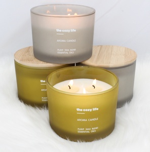 Fournitures de bougies en cire de soja en gros, en stock et au détail, avec couvercle en bois de luxe, 3 mèches, pot en verre givré parfumé - Product Image 3
