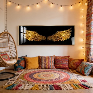 Venta al por mayor de fábrica: Cuadro de pared personalizado con diseño de ala dorada y paisaje, arte de pared LED de porcelana de cristal para sala de estar, impresión HD - Product Image 4