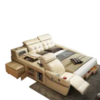 Kulit Modern Kain Tempat Tidur dengan Kotak Penyimpanan Fungsi Kamar Tidur Furniture Set Chestrfield Gaya dengan Speaker Multimedia USB Charger
