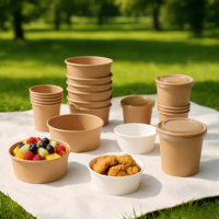 Bol en papier brun biodégradable de qualité alimentaire avec couvercle en papier enduit, logo personnalisé, fournisseur d'emballages pour salades, soupes, riz et nouilles