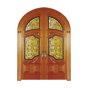 Nouvelle conception de porte d'entrée en <span class=keywords><strong>bois</strong></span> double avec décoration en fer forgé et vitrail, portes extérieures en <span class=keywords><strong>bois</strong></span> avec fer - Product Image 1